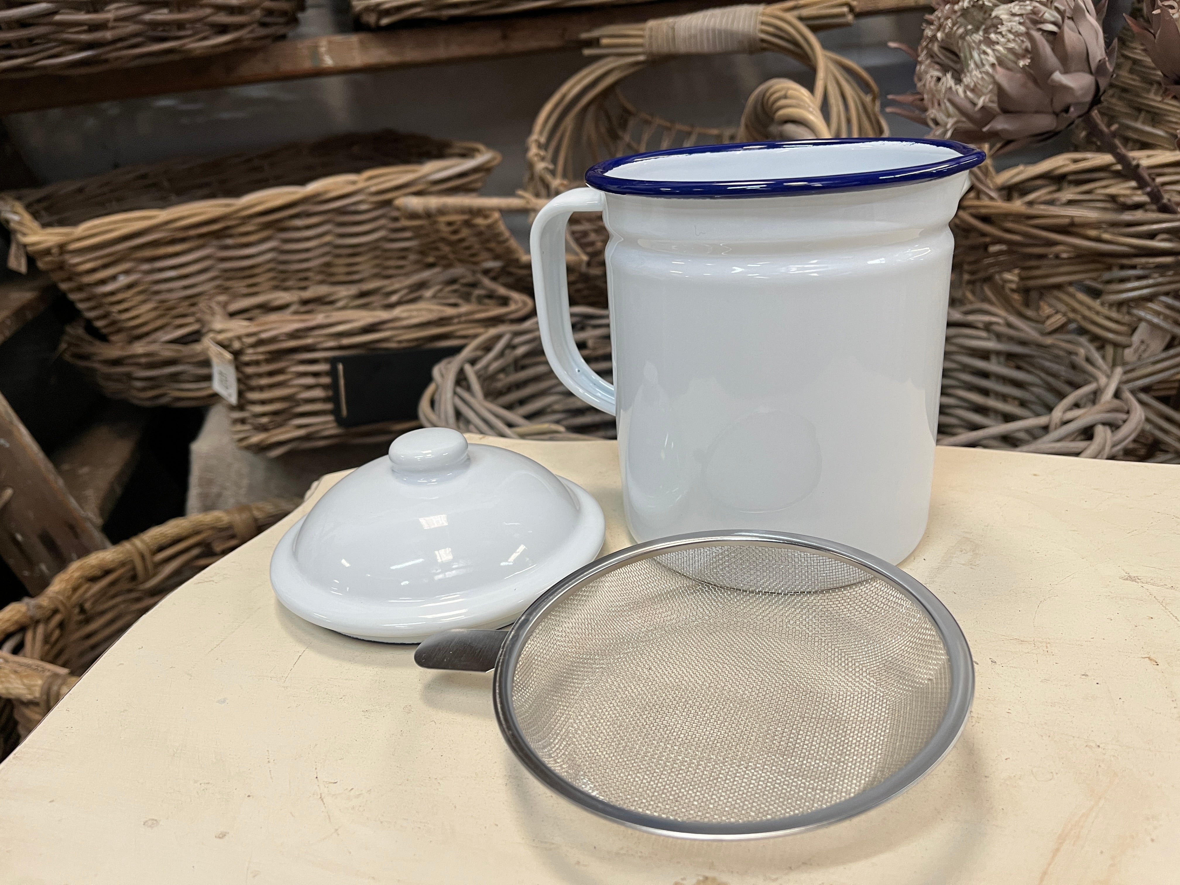 Enamel Dripping Container White with blue rim