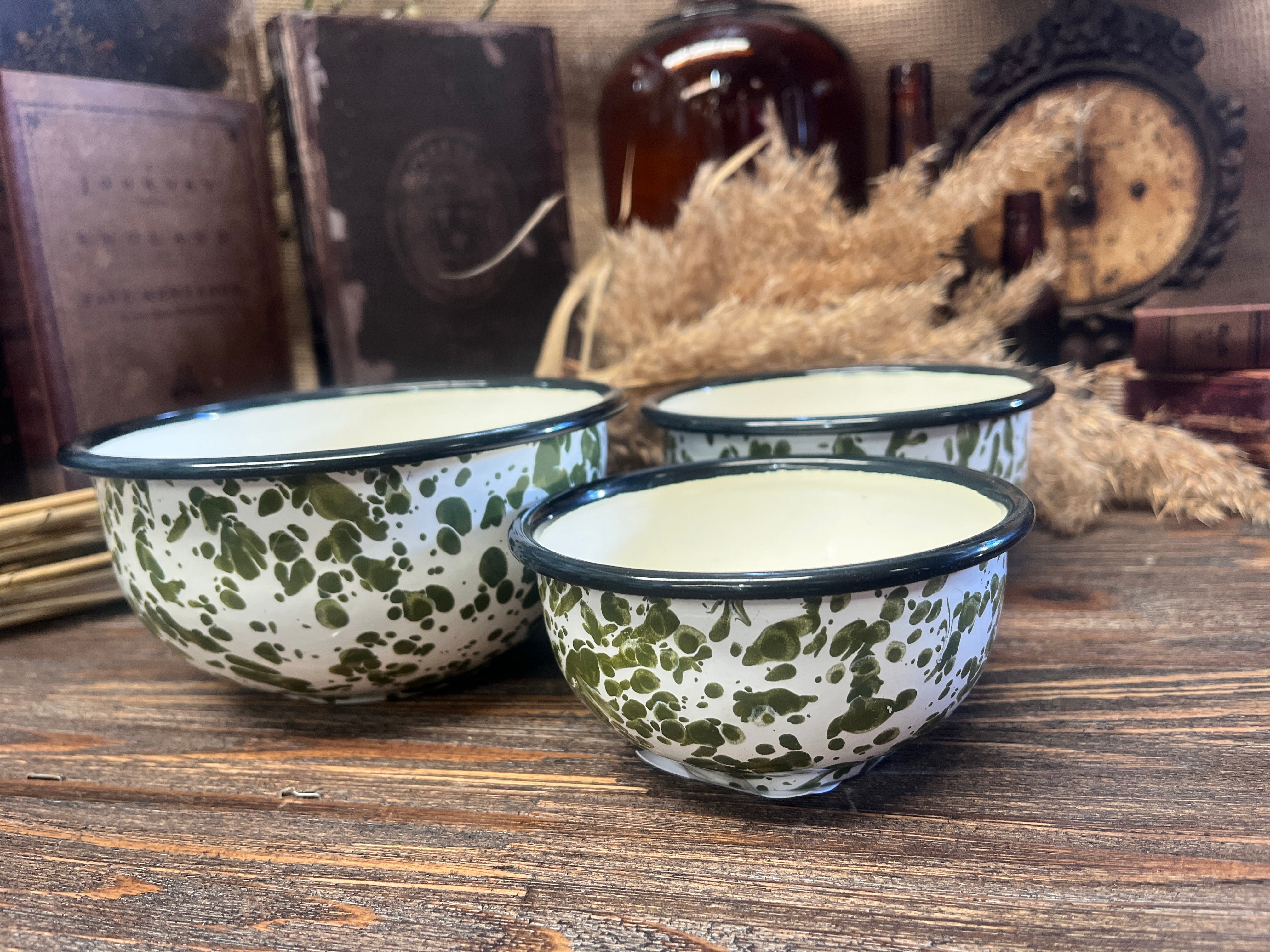 Vintage Enamel MIXING BOWL SET Olive Speckle The OLDE Farm Store