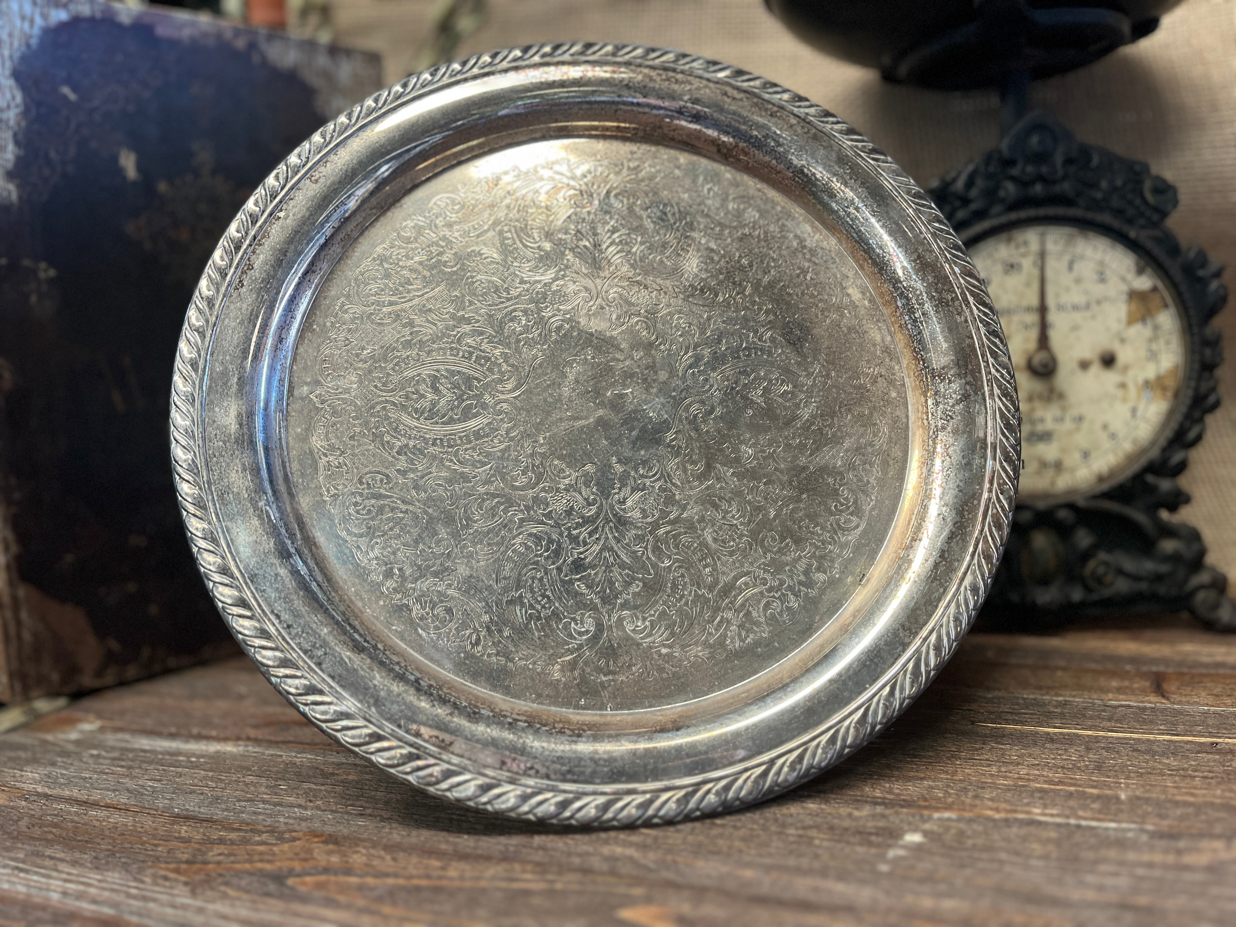 Ornate Round Antique Vintage Silver Tray