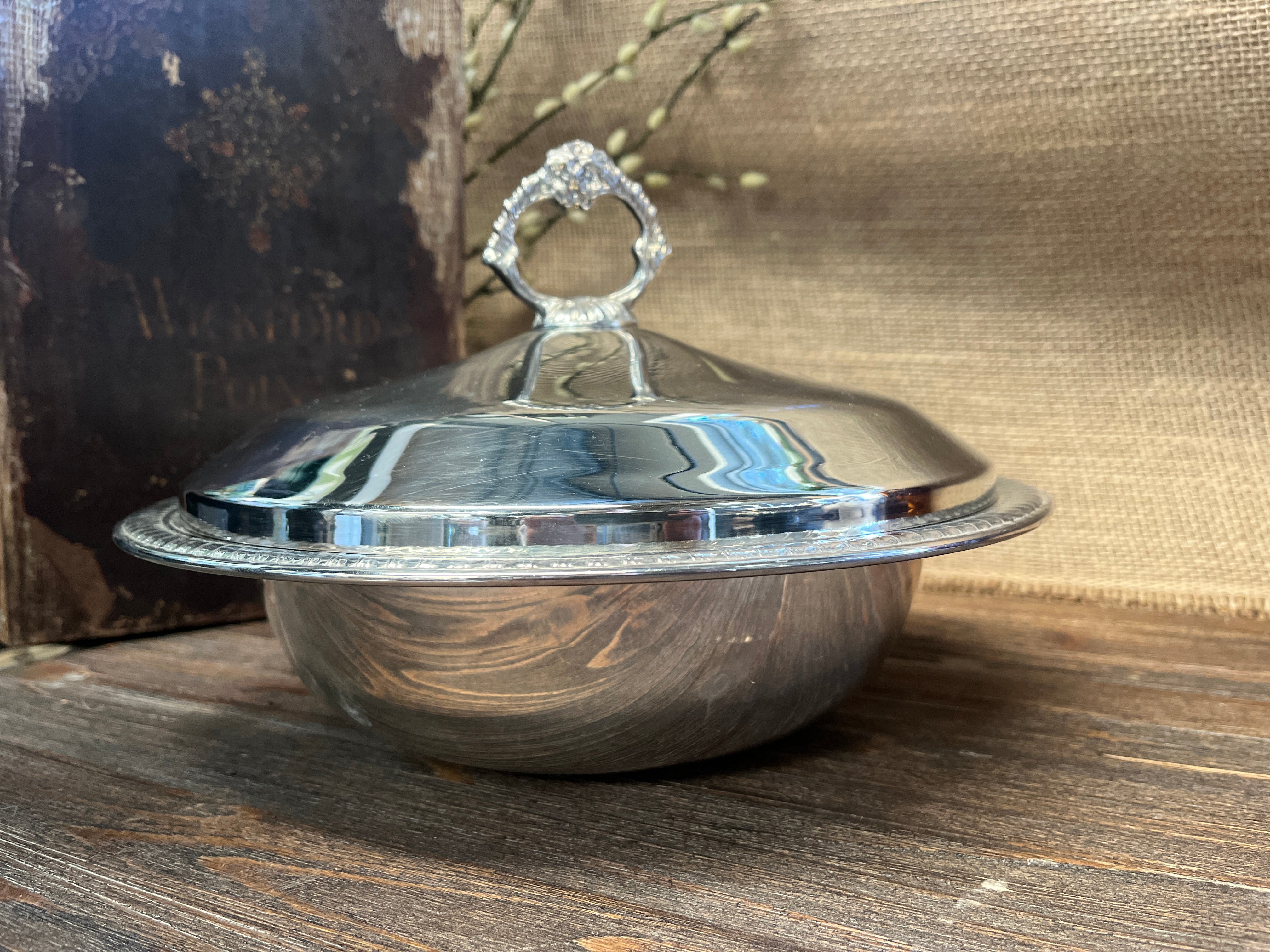 Large serving Bowl with lid Vintage Silver