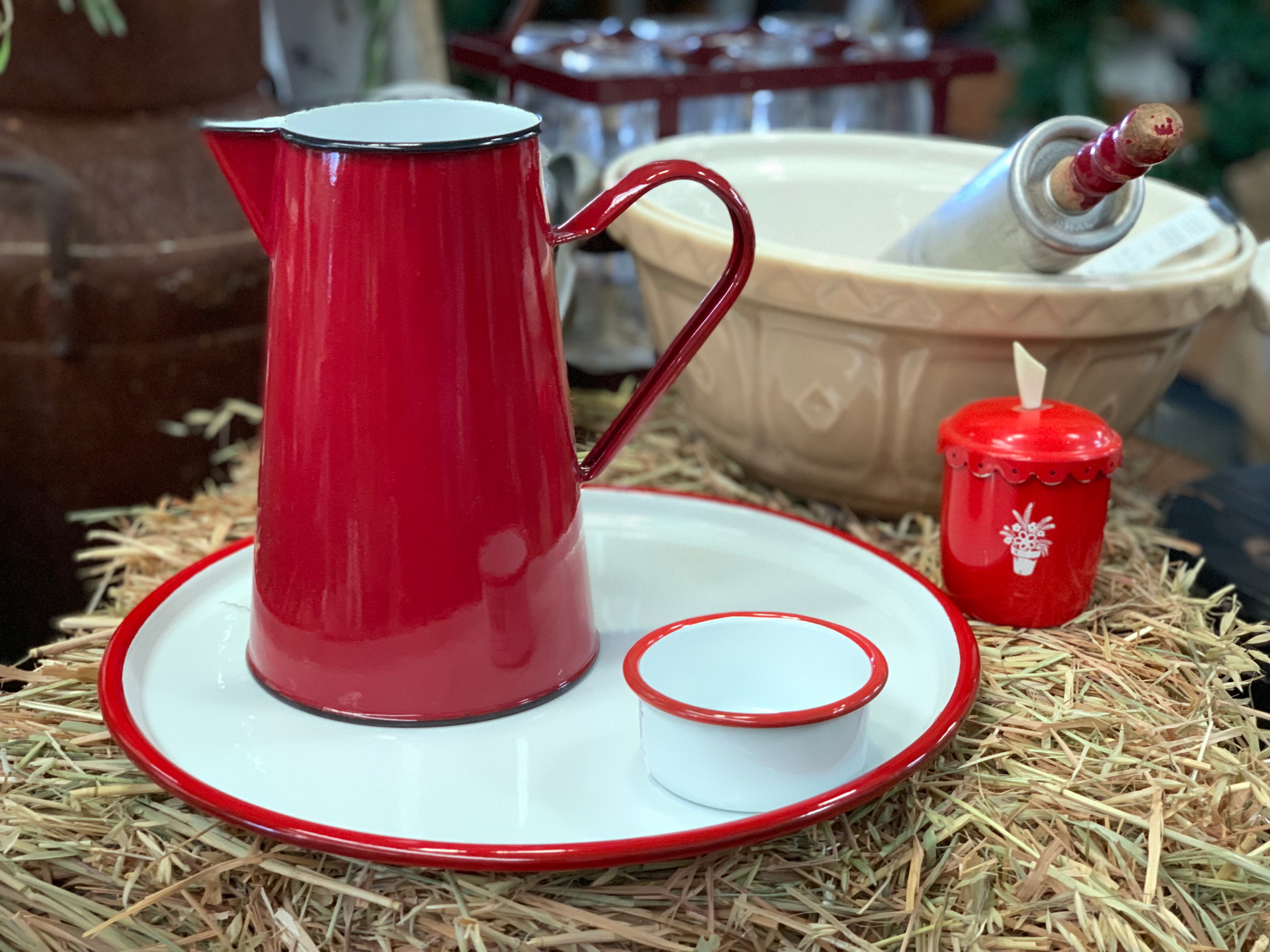 Enamel RED Rim Round Tray FREE Postage