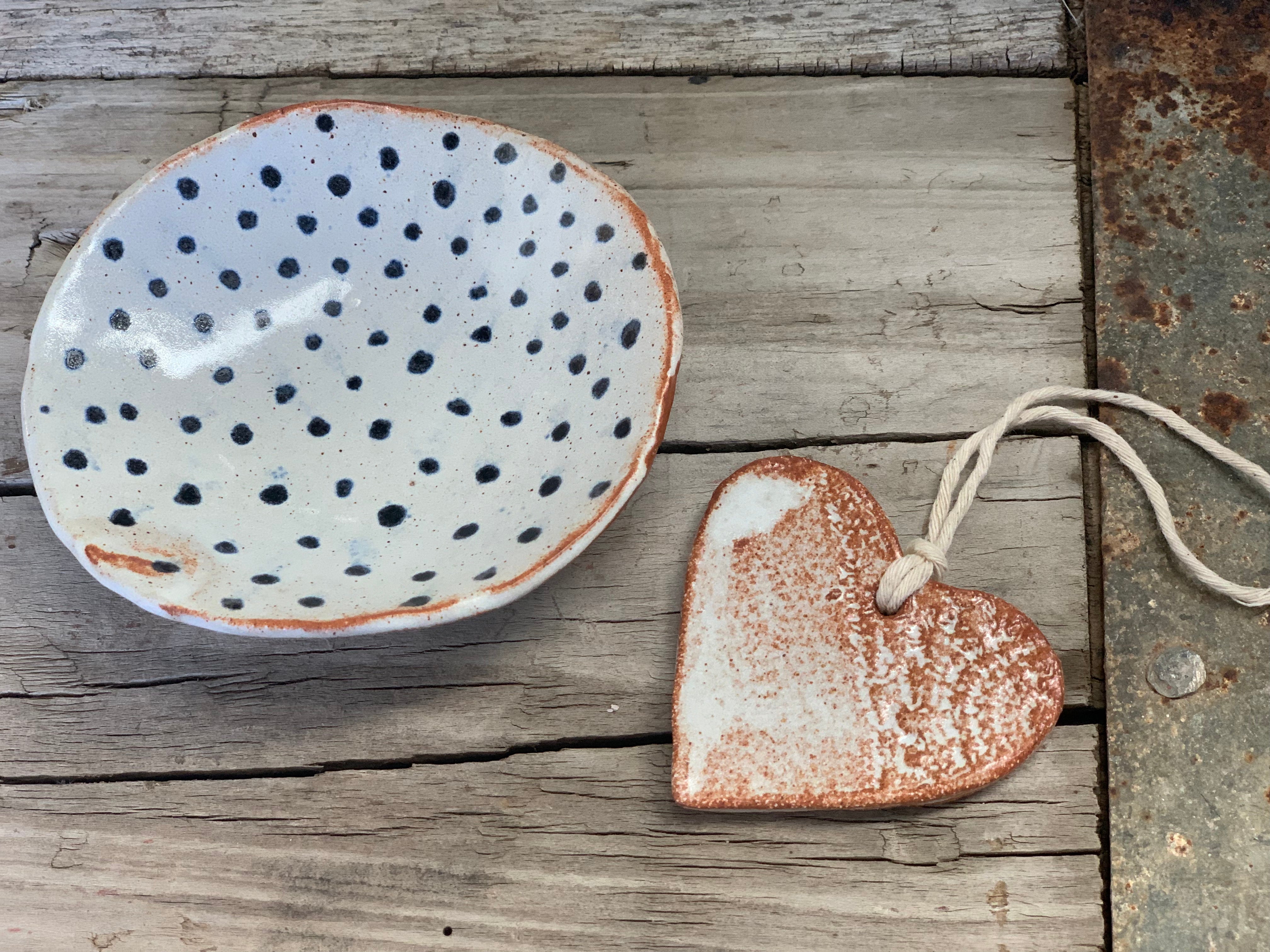 Handmade Blue Dot Dish and a Heart Set