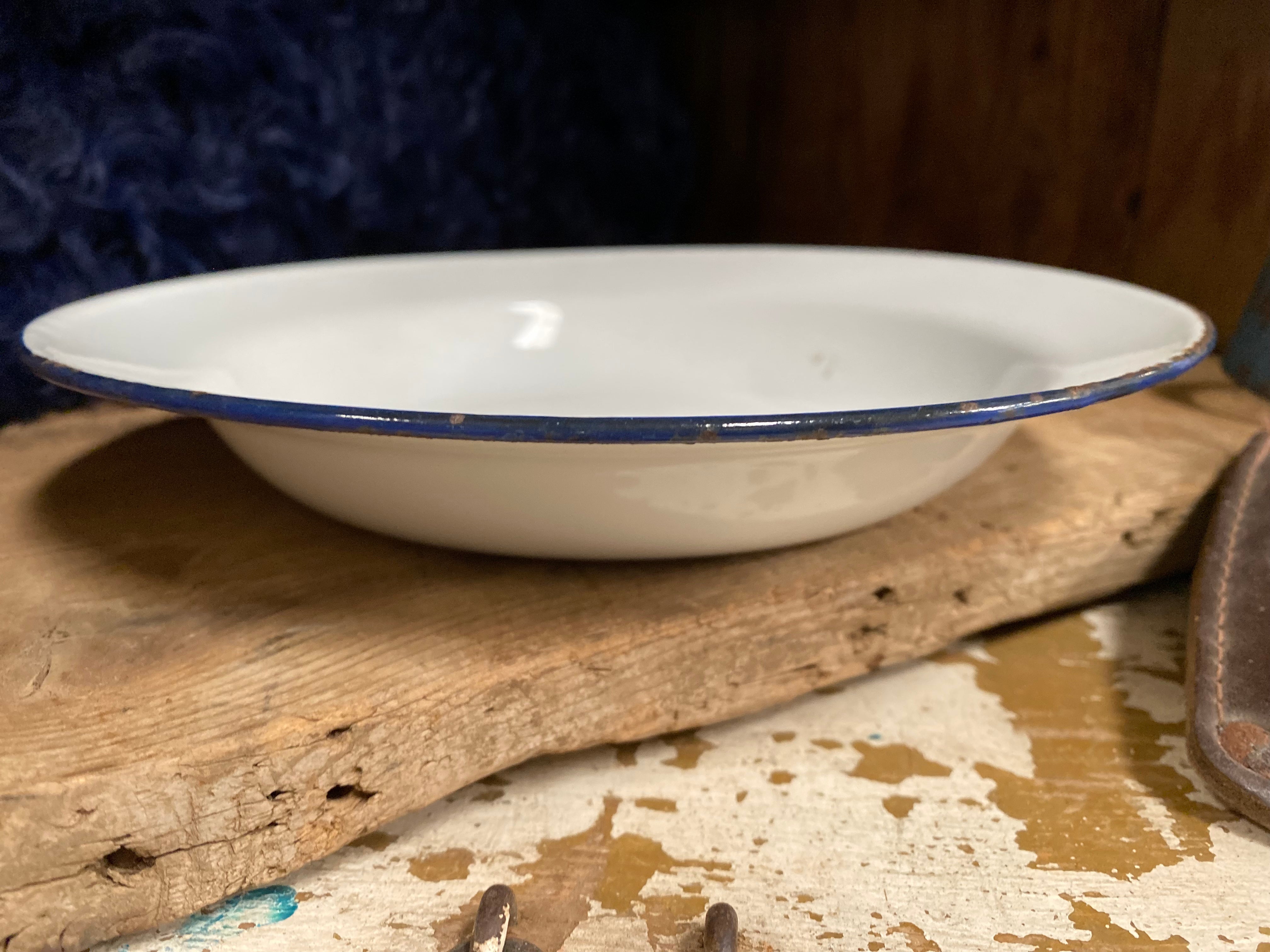 White Enamel Plate with Blue Rim