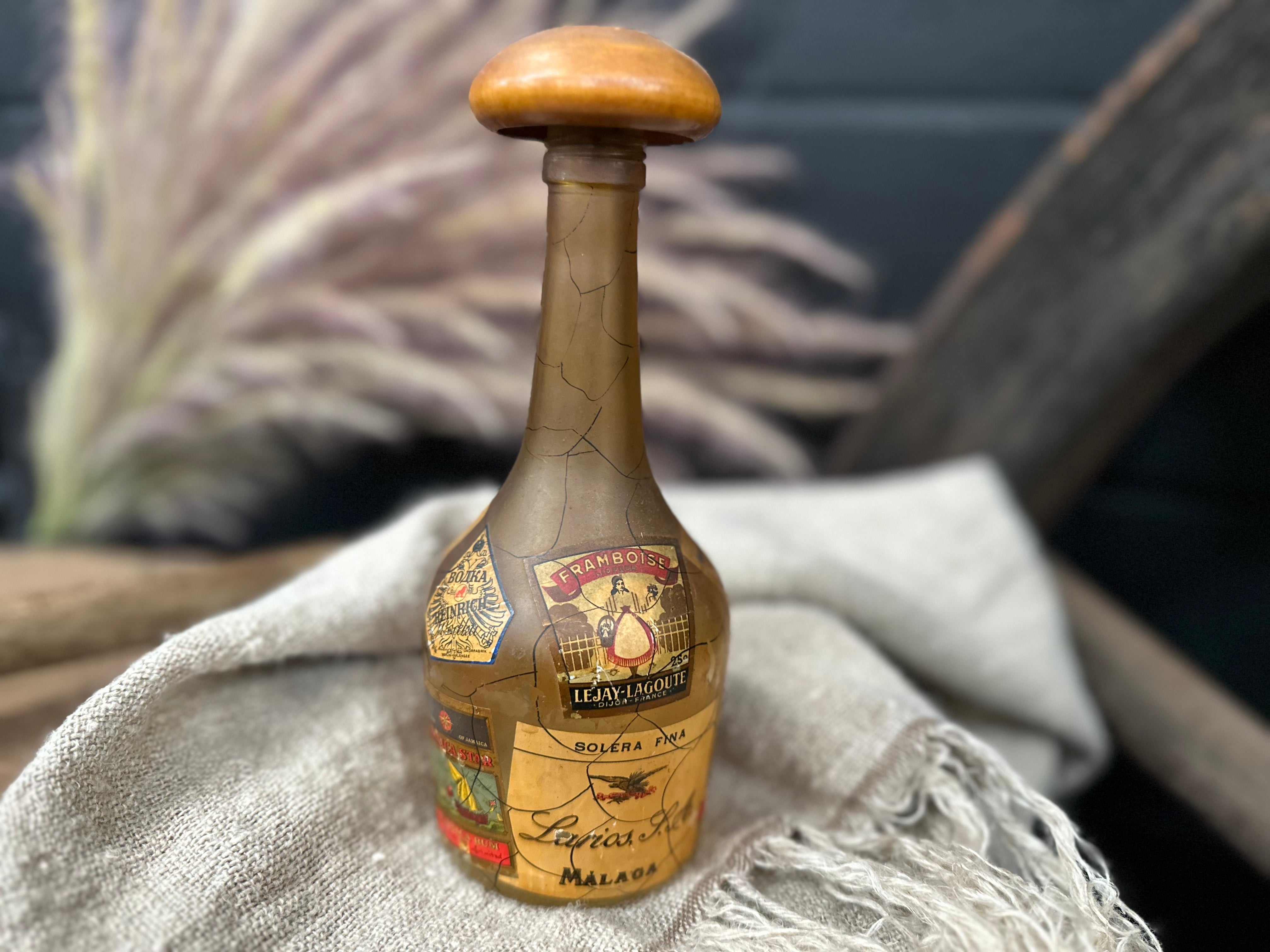 Vintage Málaga Bottle with Timber Lid/ stop
