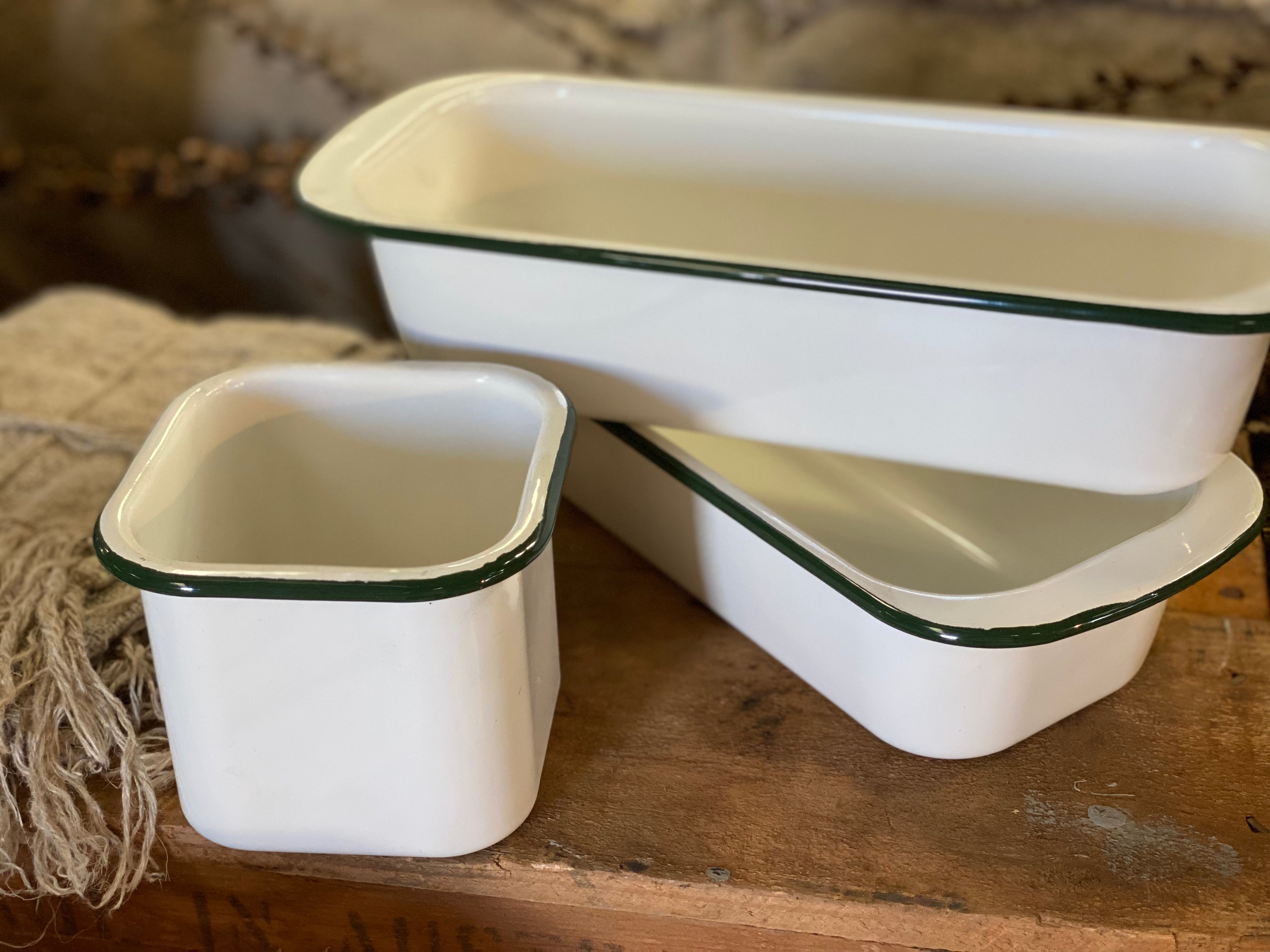 Cream ENAMEL with Green Rim Antipasto Containers