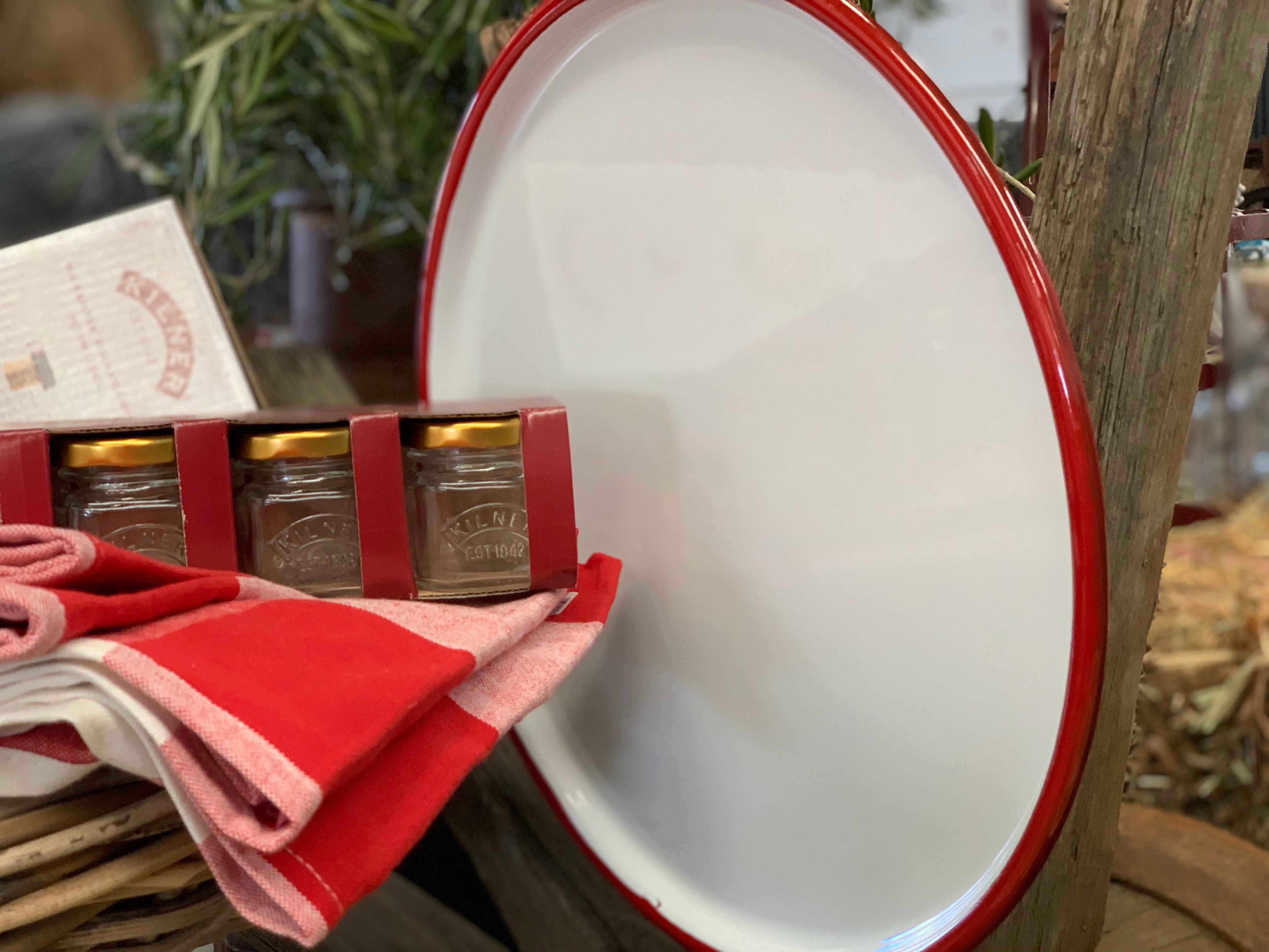 Enamel RED Rim Round Tray FREE Postage