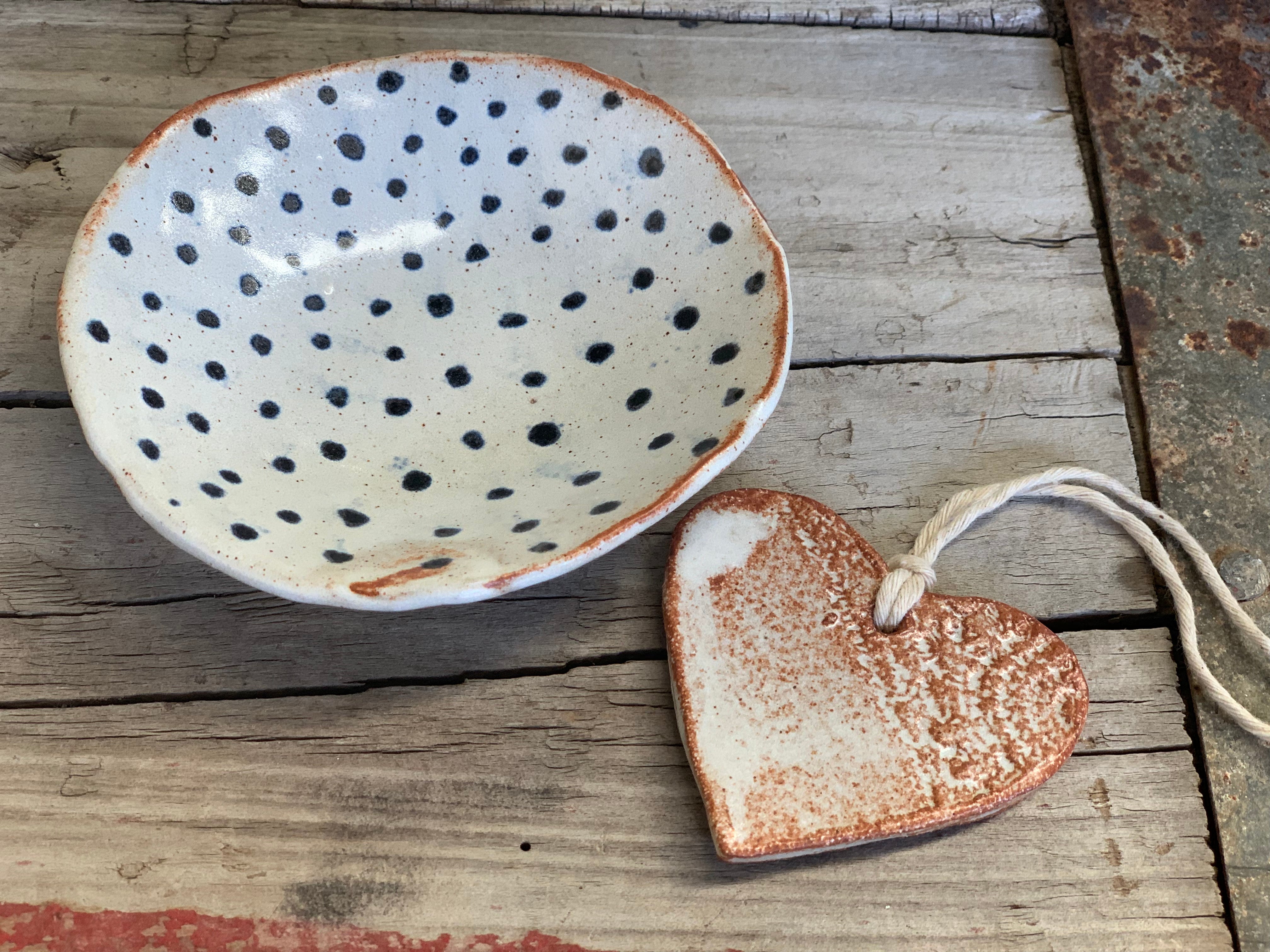 Handmade Blue Dot Dish and a Heart Set
