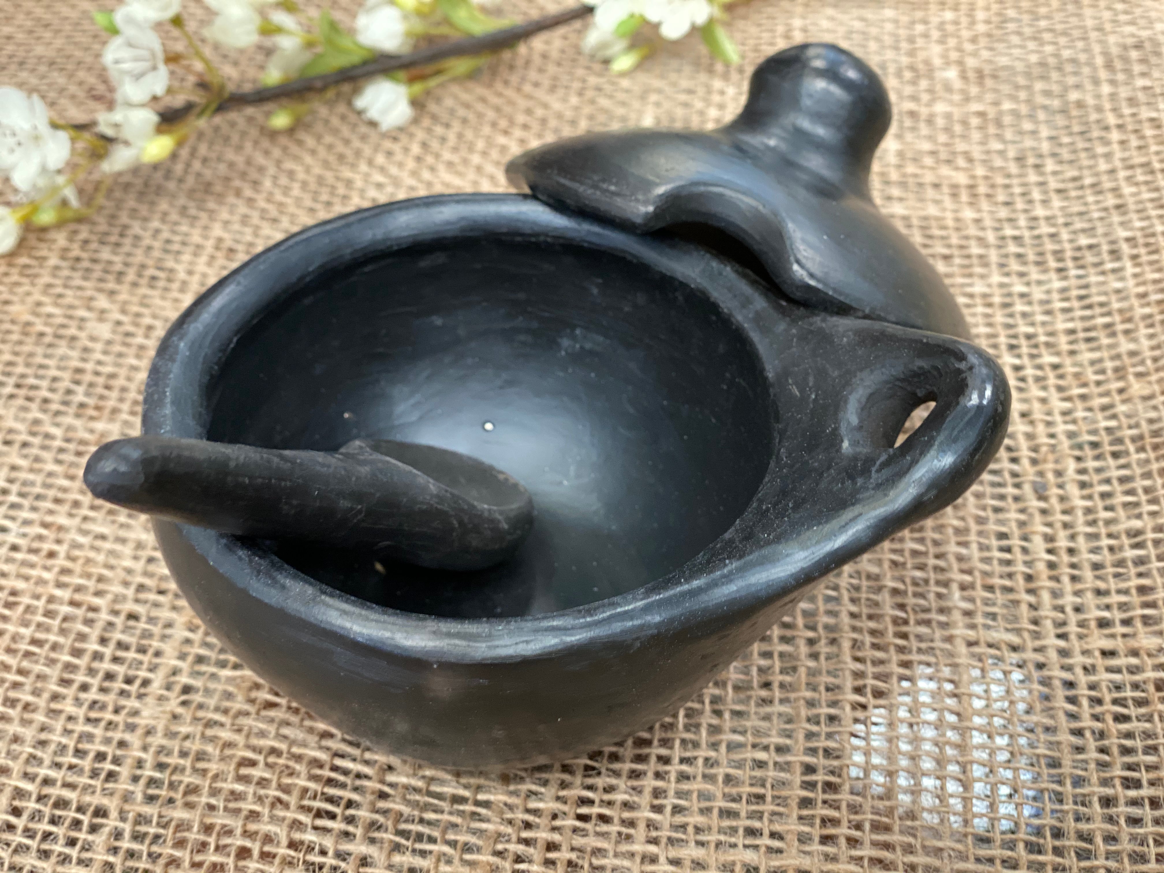 UNIQUE handmade black pottery SAUCE Dish with lid and spoon