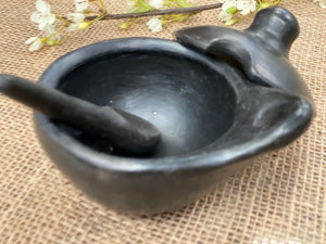 UNIQUE handmade black pottery SAUCE Dish with lid and spoon