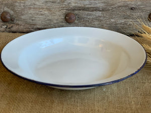 White Enamel Plate with Blue Rim