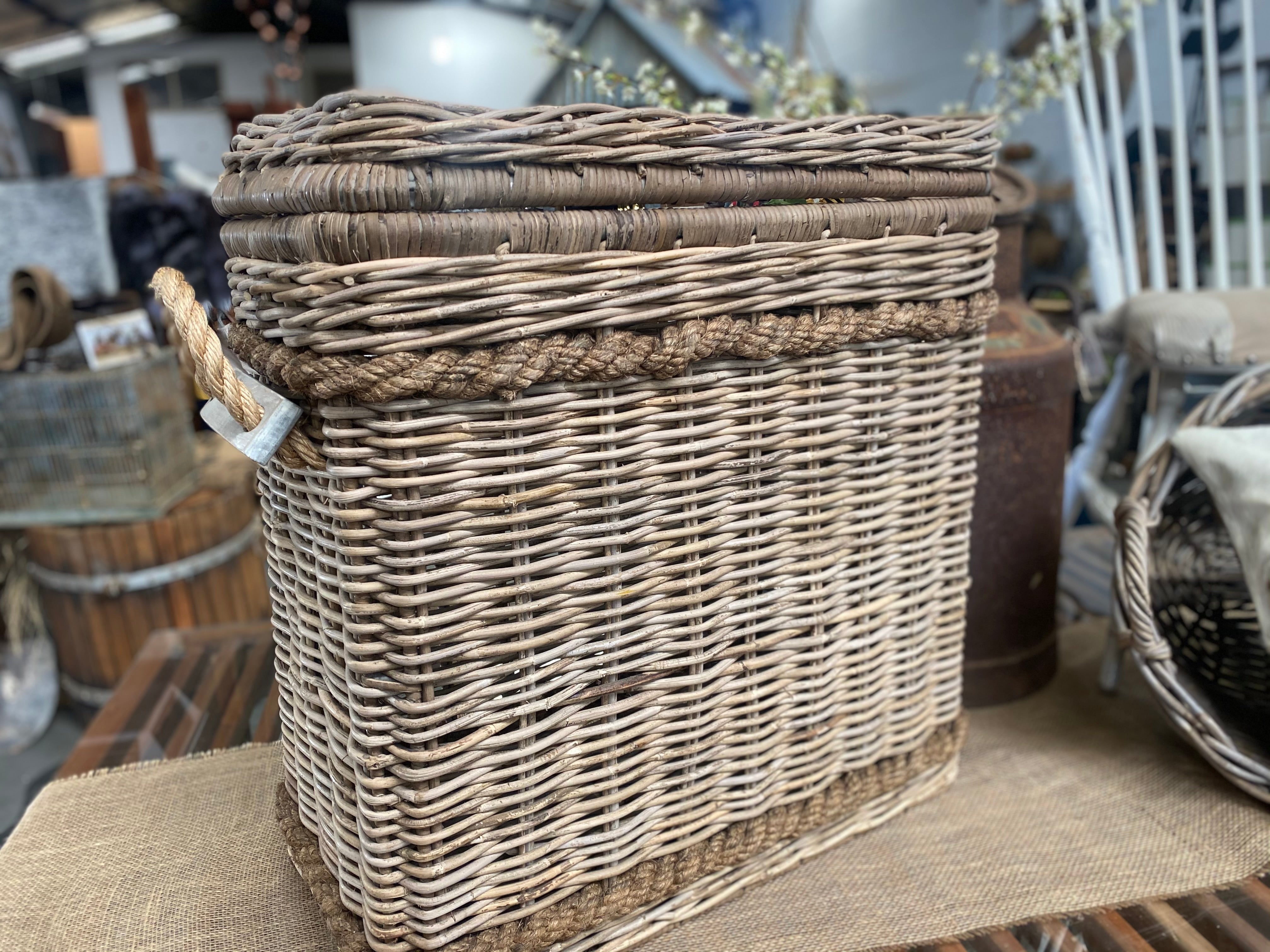 FAMILY size rattan LAUNDRY basked with lid and ROPE  handles