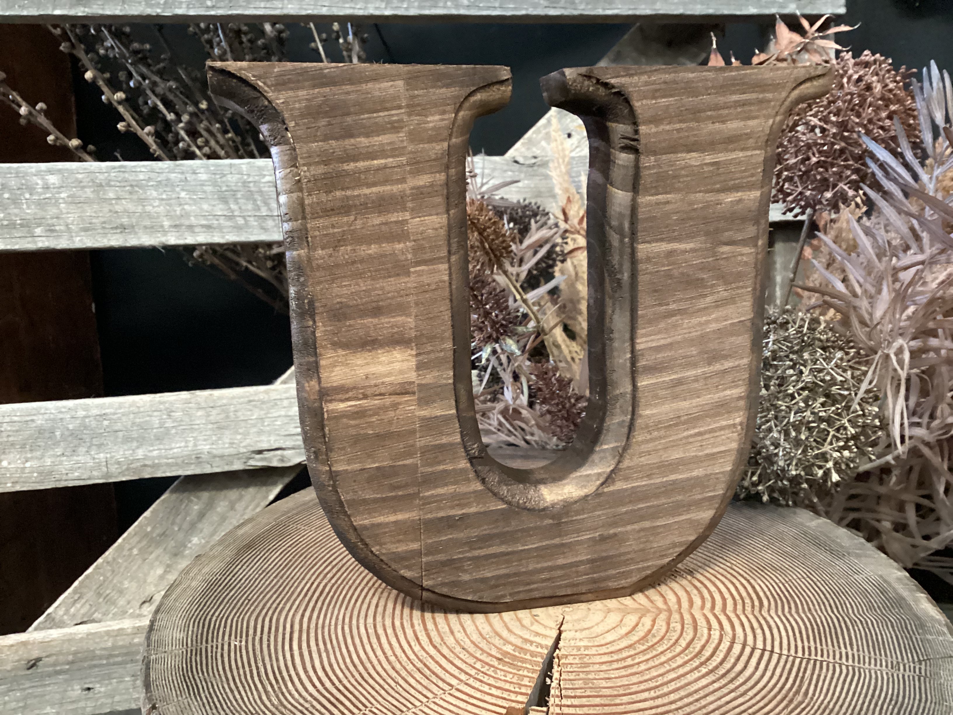 Handmade Vintage Brown Timber Letter U