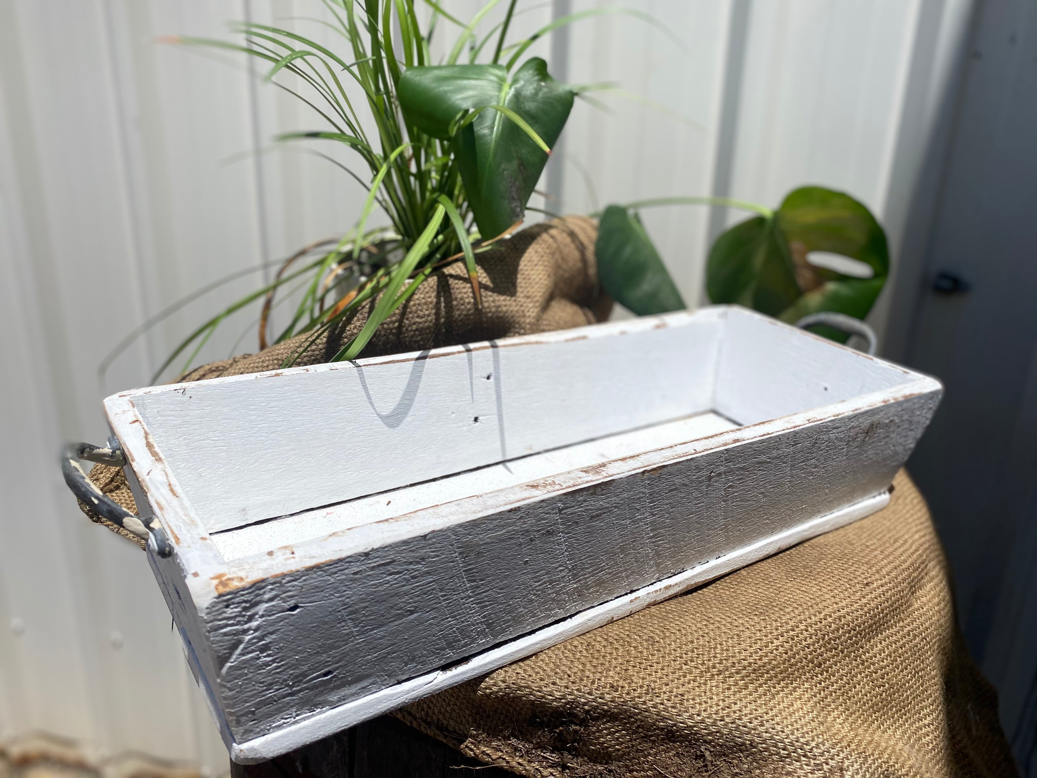 White Painted aged TIMBER planter/display box with handles