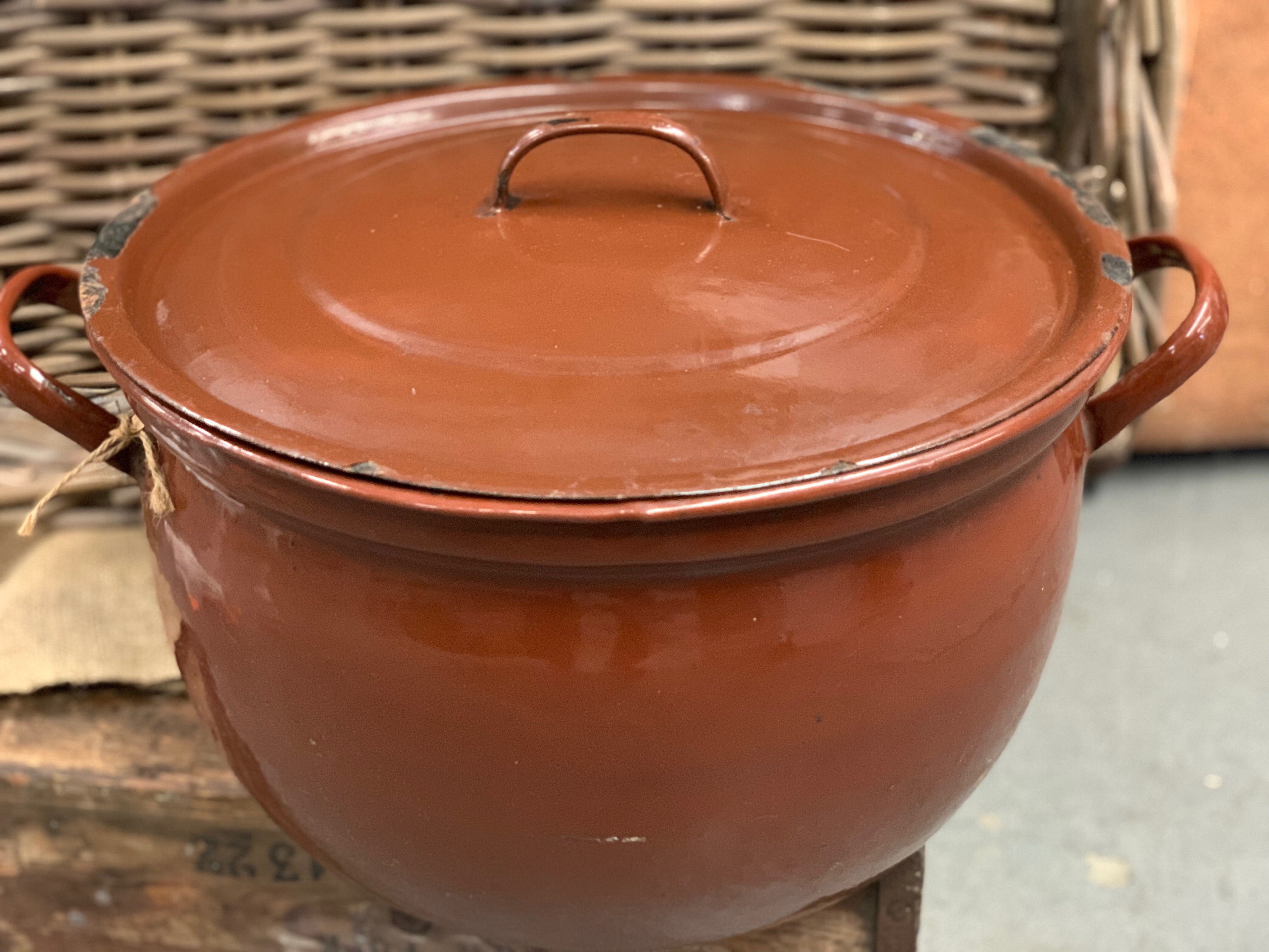 Extra Large Vintage Enamel Cooking Pot with Handles